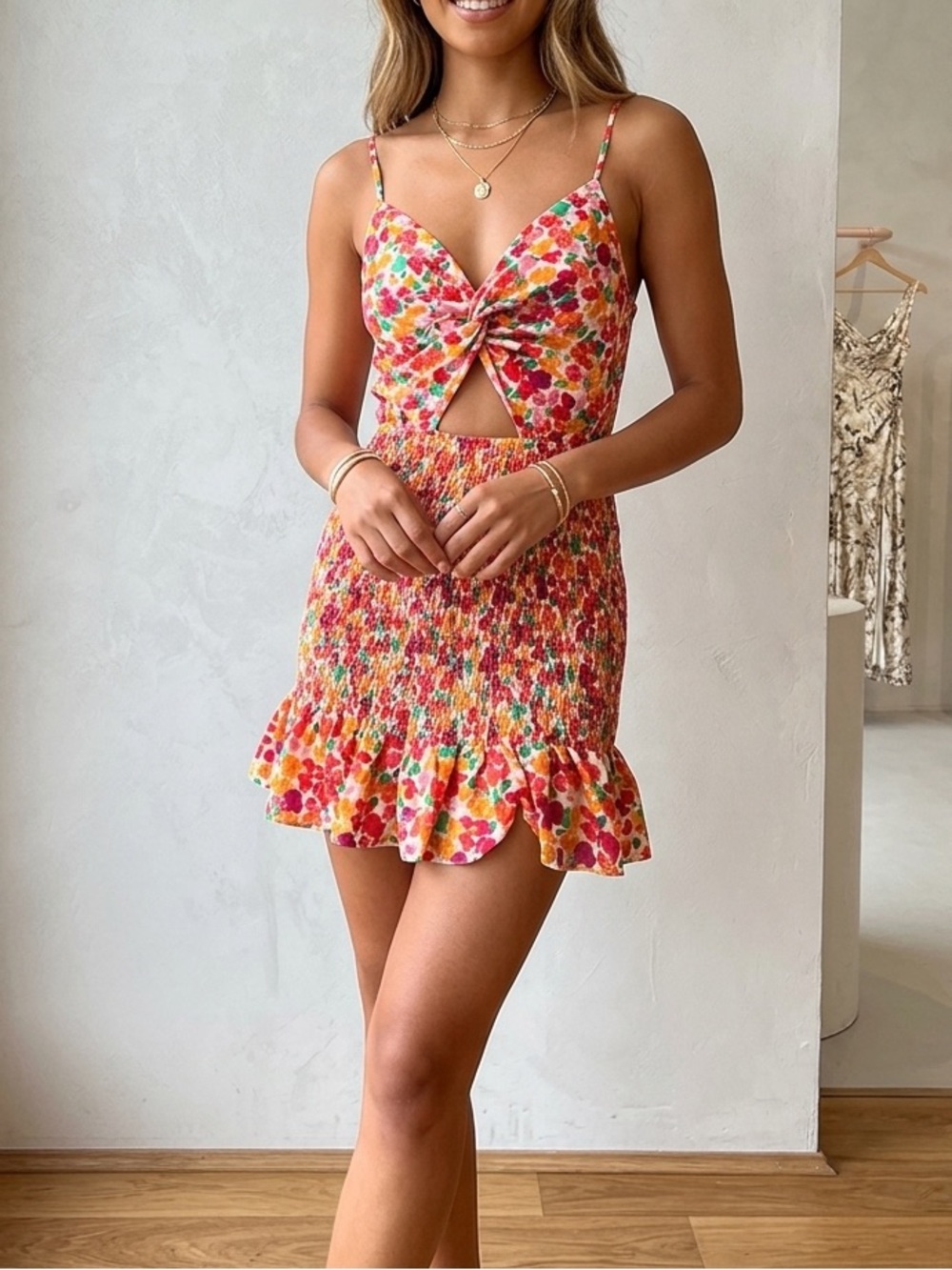 🔥$10 FINAL PRICE🔥 SHEIN Floral Cutout Smocked Mini Dress Sweetheart Neck❤️